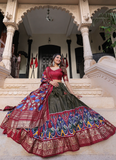 Designer Patola Printed Dola Silk Mahendi Green Lehenga Choli