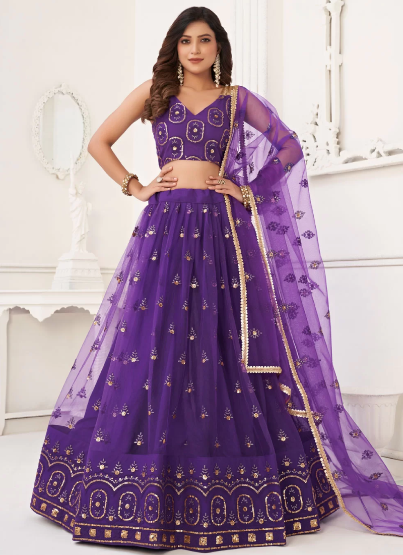 Net Embroidered Work Purple Festival Wear Lehenga Choli With Dupatta
