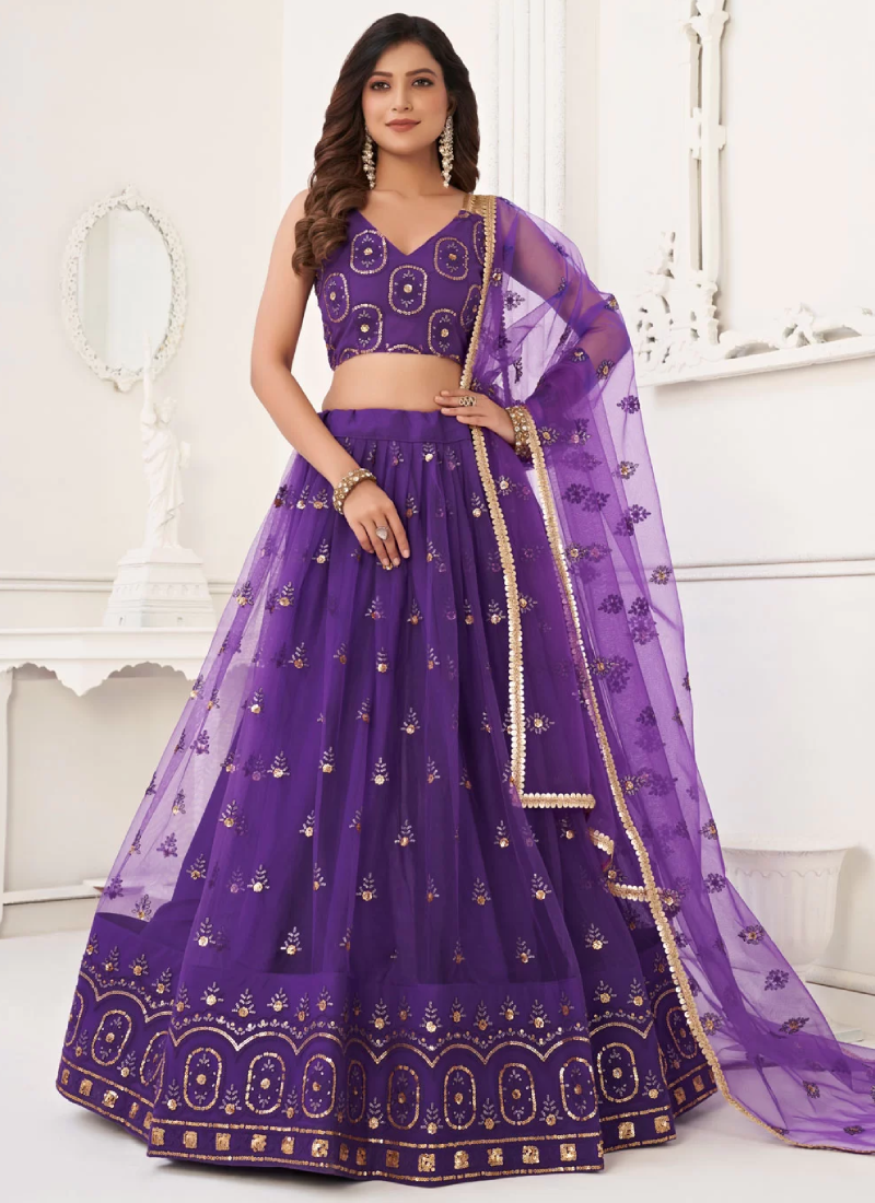 Net Embroidered Work Purple Festival Wear Lehenga Choli With Dupatta
