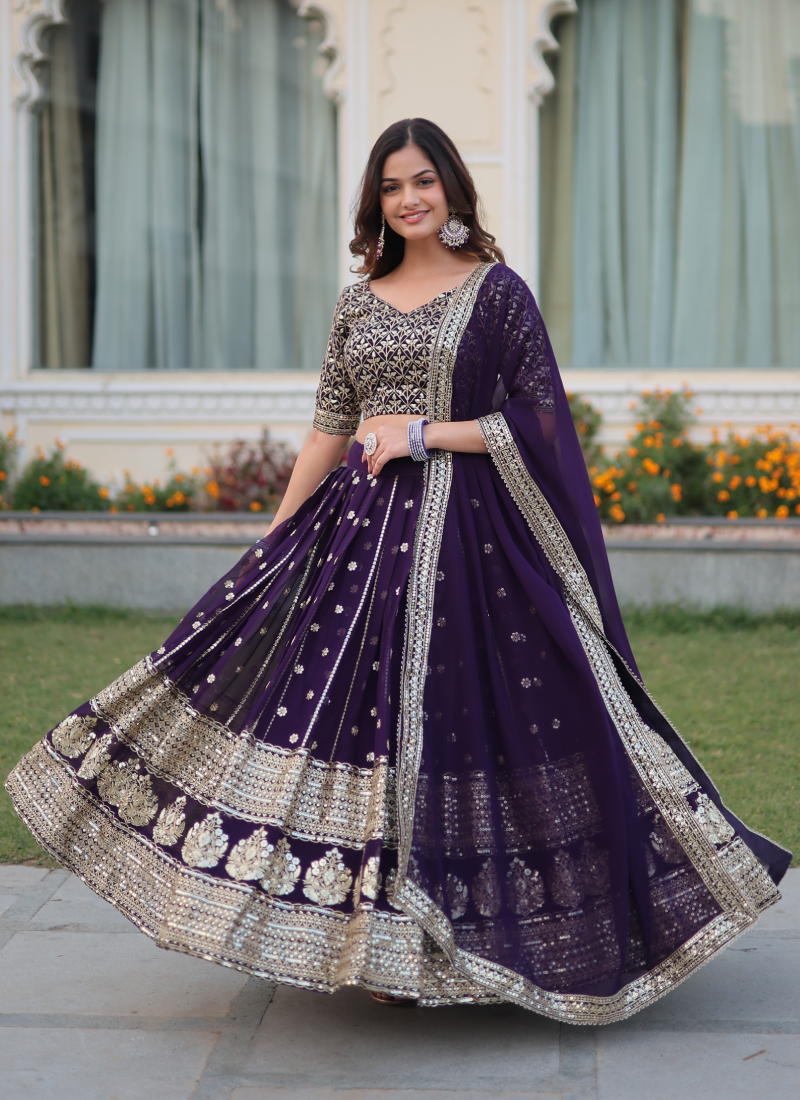 Designer Georgette Zari Embroidered Work Purple Lehenga Choli