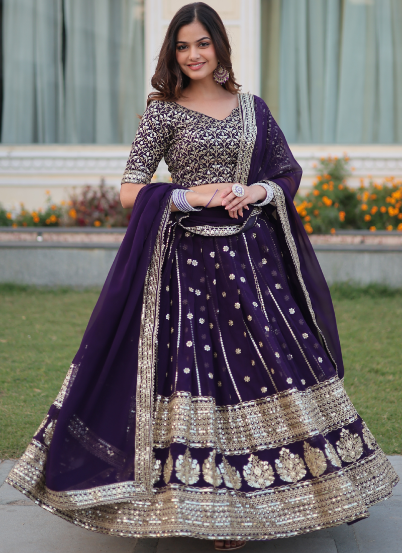 Designer Georgette Zari Embroidered Work Purple Lehenga Choli