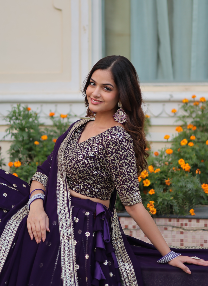 Designer Georgette Zari Embroidered Work Purple Lehenga Choli