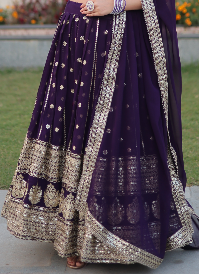 Designer Georgette Zari Embroidered Work Purple Lehenga Choli