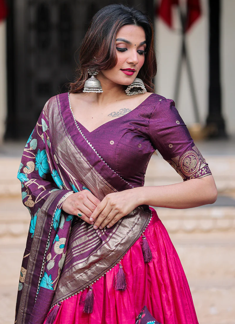Digital Printed Dola Silk Foil Work Pink Lehenga Choli Set