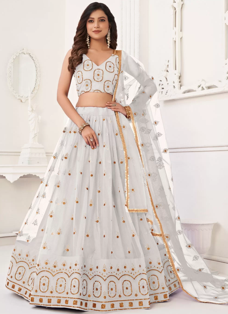 Thread Embroidery Work Net Reception Wear White Lehenga Choli