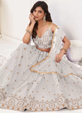 Thread Embroidery Work Net Reception Wear White Lehenga Choli