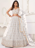 Thread Embroidery Work Net Reception Wear White Lehenga Choli