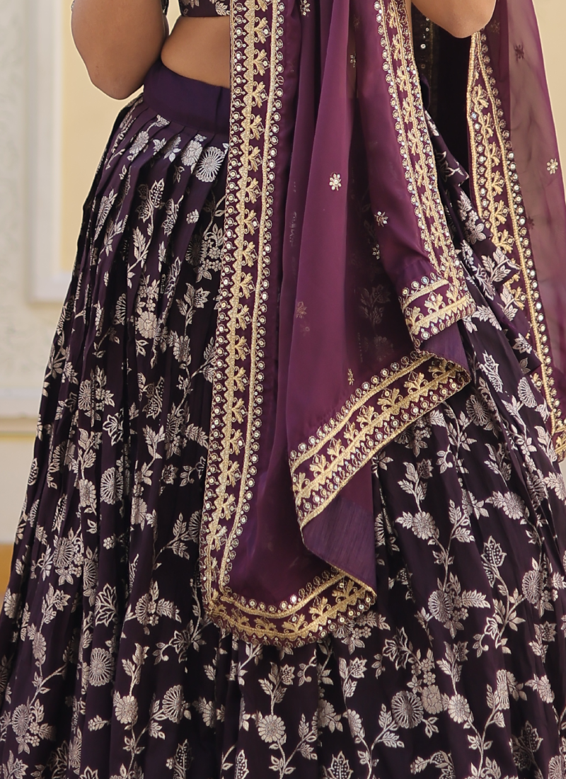 Floral Viscose Jacquard Embroidered Work Wine Lehenga Choli