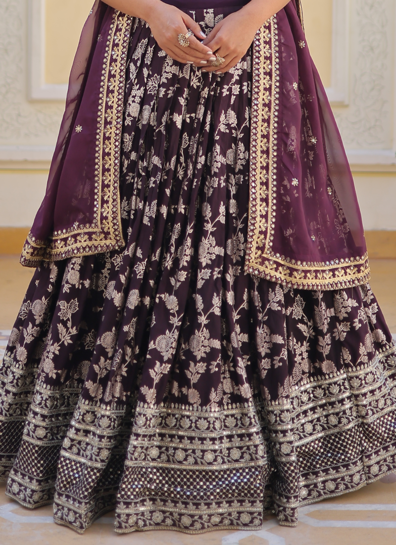 Floral Viscose Jacquard Embroidered Work Wine Lehenga Choli