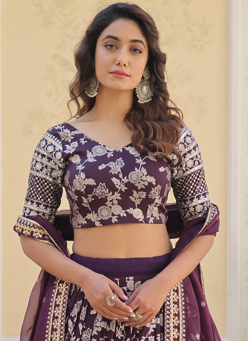 Floral Viscose Jacquard Embroidered Work Wine Lehenga Choli