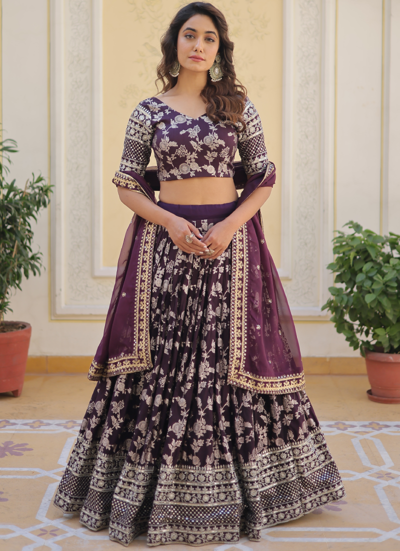 Floral Viscose Jacquard Embroidered Work Wine Lehenga Choli