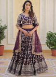 Floral Viscose Jacquard Embroidered Work Wine Lehenga Choli