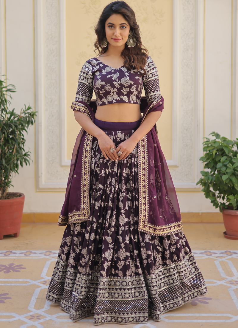 Floral Viscose Jacquard Embroidered Work Wine Lehenga Choli