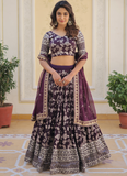 Floral Viscose Jacquard Embroidered Work Wine Lehenga Choli