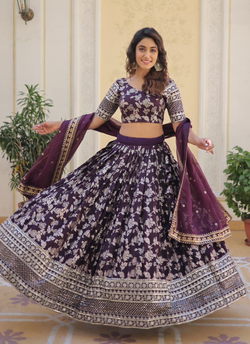 Floral Viscose Jacquard Embroidered Work Wine Lehenga Choli