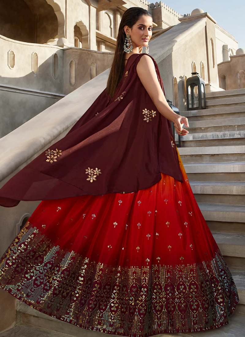 Fancy Sequence Work Orange Wine Chinon Silk Lehenga Choli