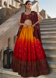 Fancy Sequence Work Orange Wine Chinon Silk Lehenga Choli