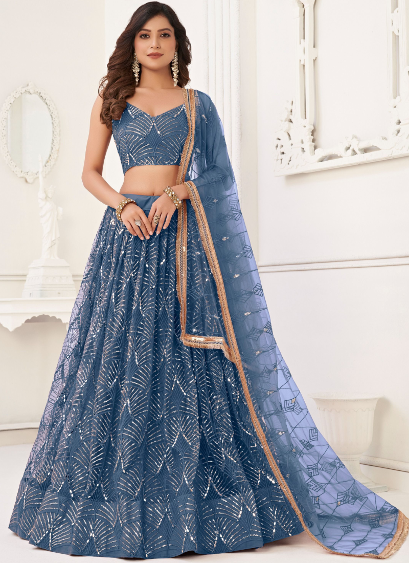 Beautiful Embroidered Work Net Fabric Blue Lehenga Choli