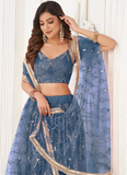Beautiful Embroidered Work Net Fabric Blue Lehenga Choli