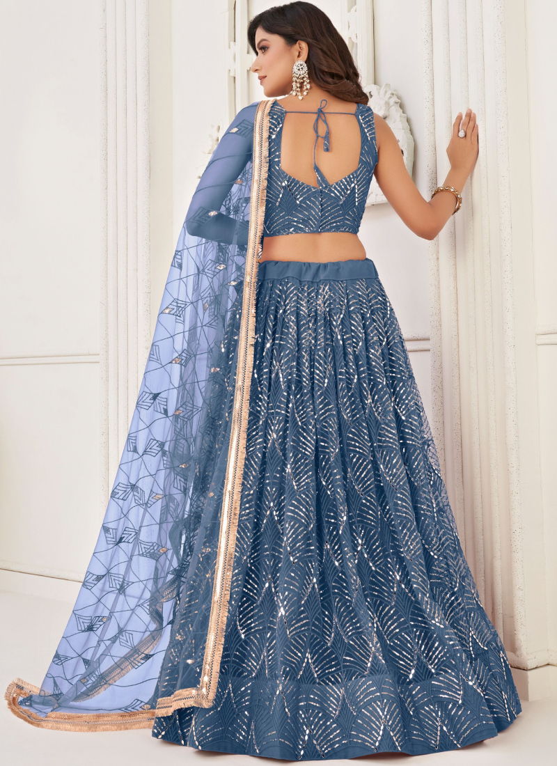 Beautiful Embroidered Work Net Fabric Blue Lehenga Choli