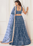 Beautiful Embroidered Work Net Fabric Blue Lehenga Choli