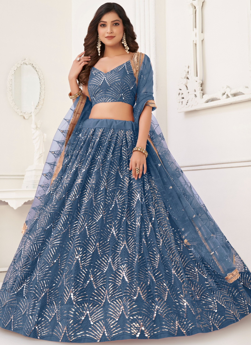 Beautiful Embroidered Work Net Fabric Blue Lehenga Choli