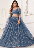 Beautiful Embroidered Work Net Fabric Blue Lehenga Choli