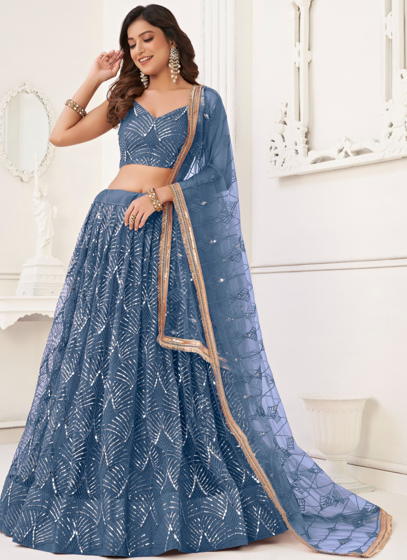 Beautiful Embroidered Work Net Fabric Blue Lehenga Choli