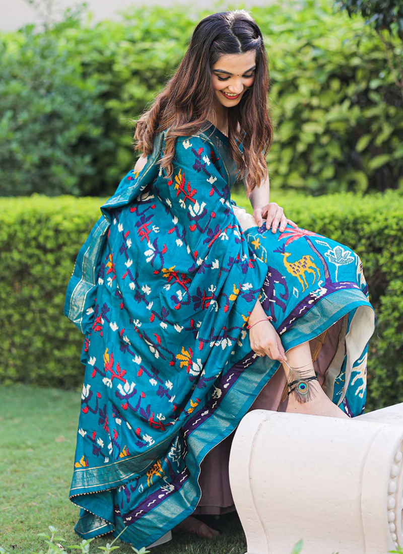 Firozi Blue Patola Printed Dola Silk Foil Work Lehenga Choli