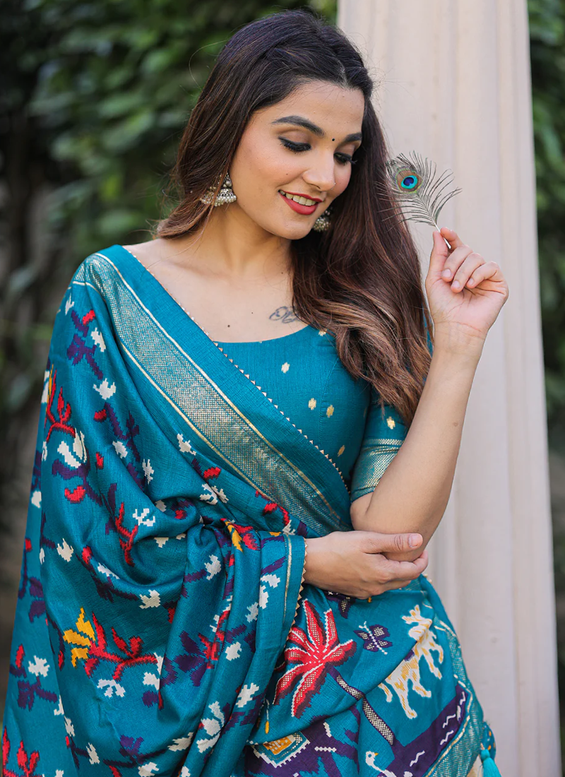 Firozi Blue Patola Printed Dola Silk Foil Work Lehenga Choli