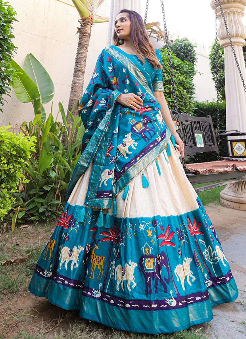 Firozi Blue Patola Printed Dola Silk Foil Work Lehenga Choli