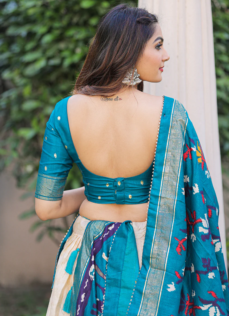 Firozi Blue Patola Printed Dola Silk Foil Work Lehenga Choli