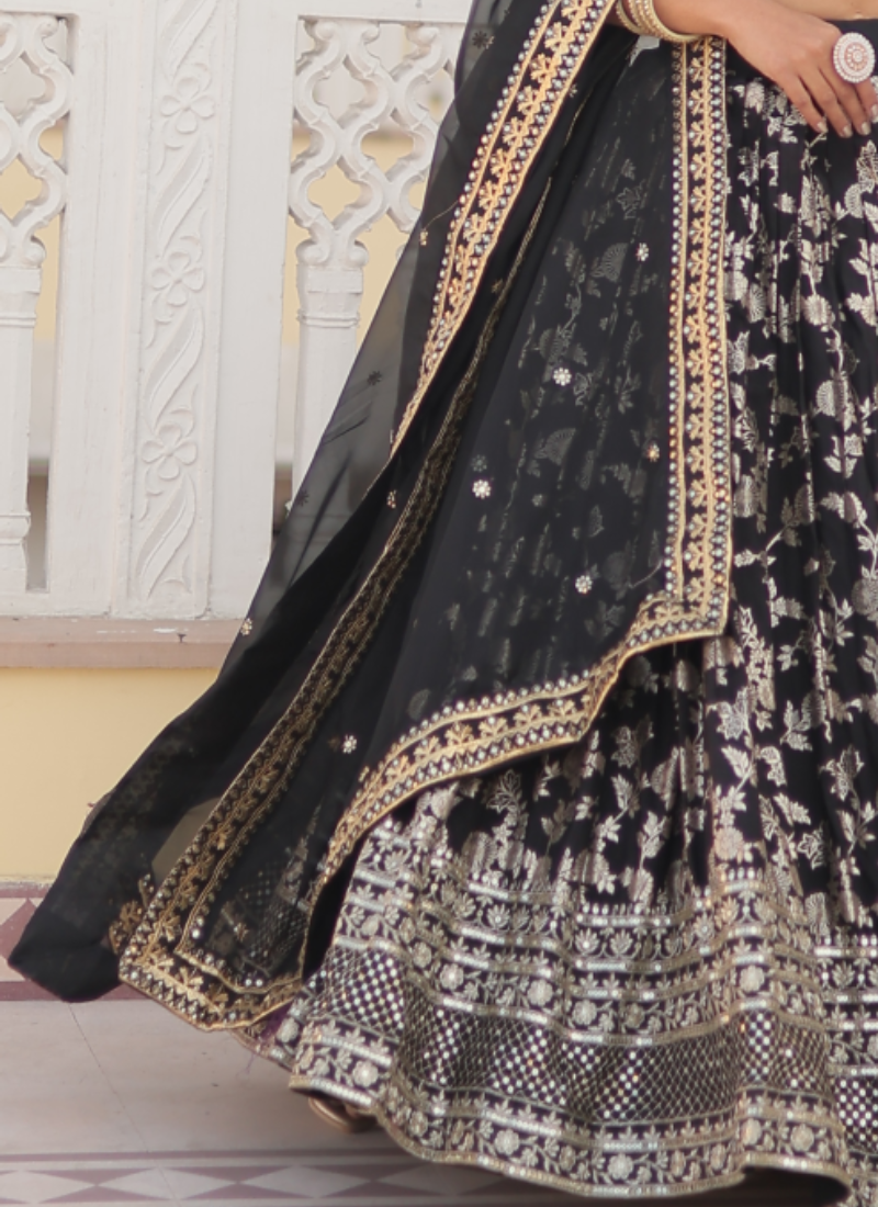 Viscose Jacquard Embroidery Work Black Party Wear Lehenga Choli