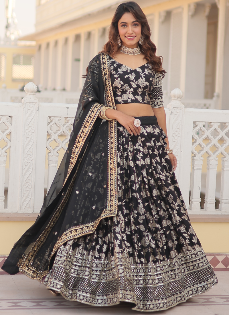 Viscose Jacquard Embroidery Work Black Party Wear Lehenga Choli