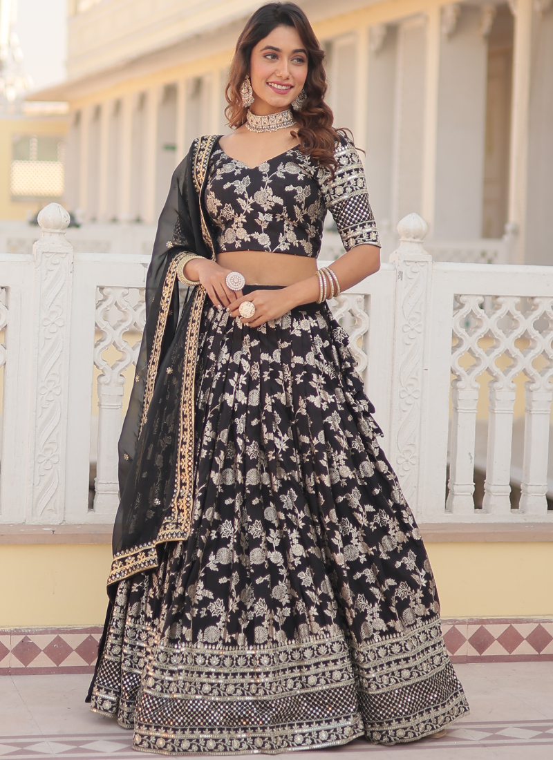 Viscose Jacquard Embroidery Work Black Party Wear Lehenga Choli