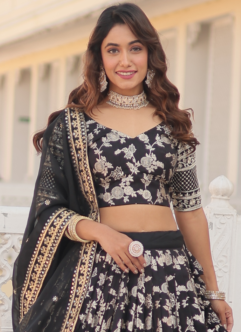 Viscose Jacquard Embroidery Work Black Party Wear Lehenga Choli