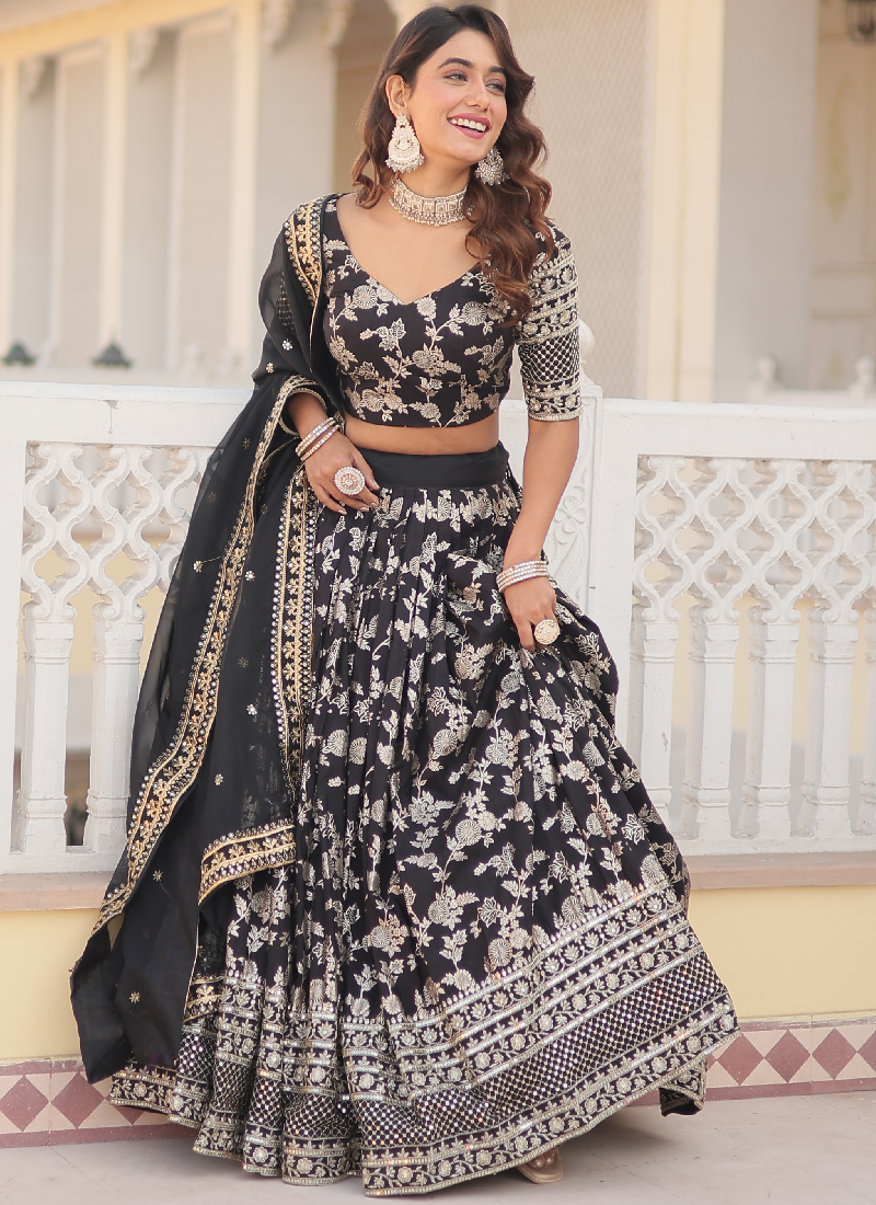 Viscose Jacquard Embroidery Work Black Party Wear Lehenga Choli