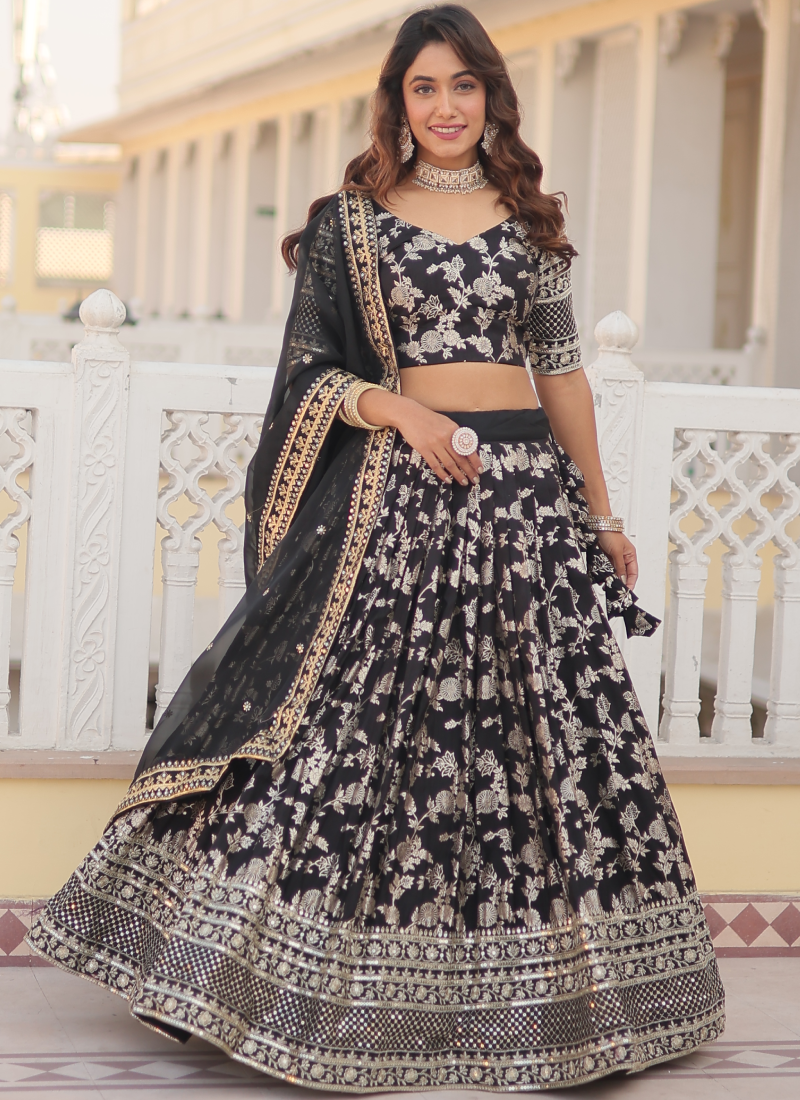 Viscose Jacquard Embroidery Work Black Party Wear Lehenga Choli