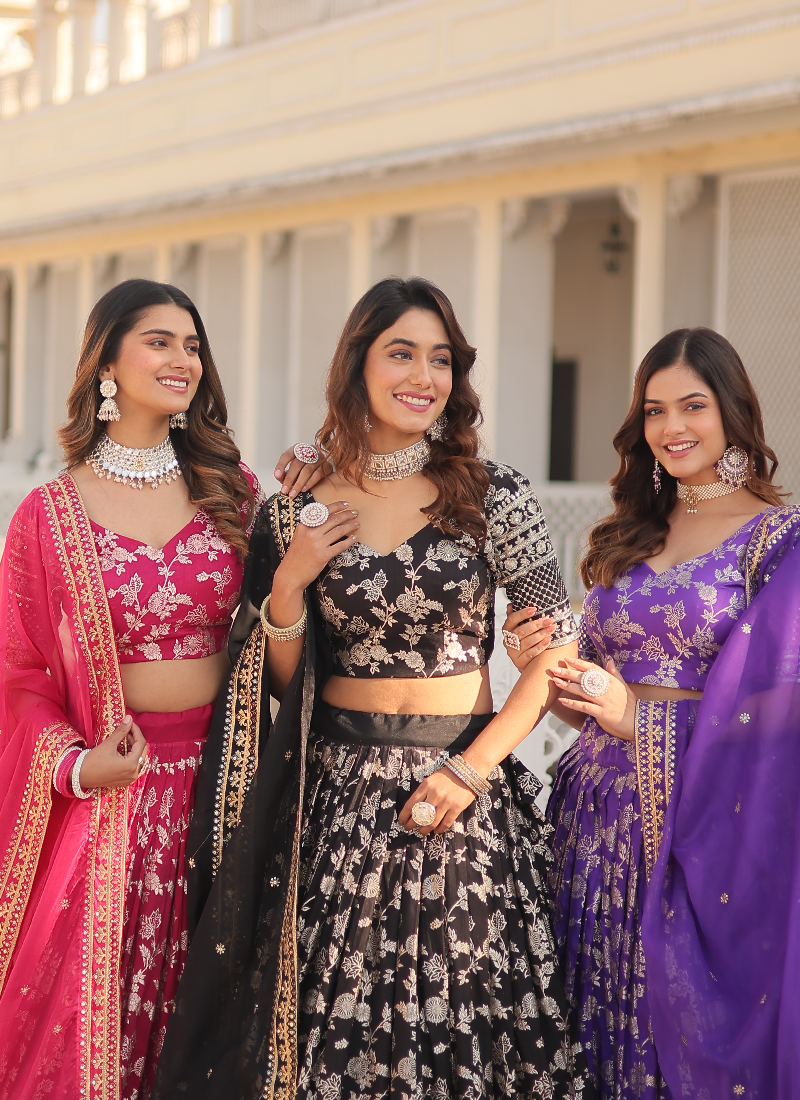 Floral Viscose Jacquard Embroidery Work Wine Lehenga Choli