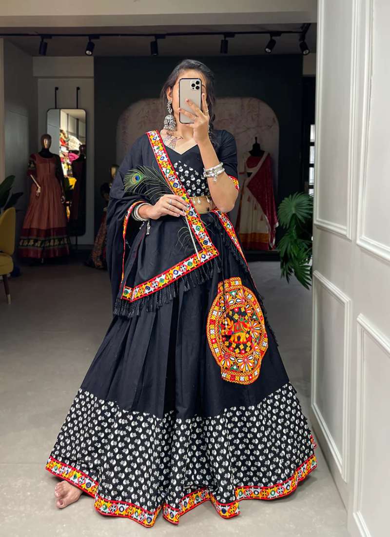 Gamthi Work Cotton Printed Black Lehenga Choli For Navratri
