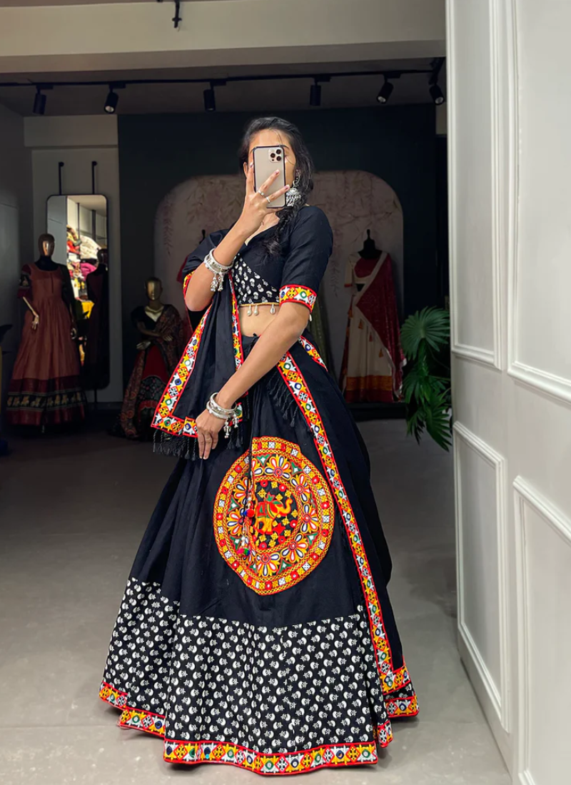 Gamthi Work Cotton Printed Black Lehenga Choli For Navratri