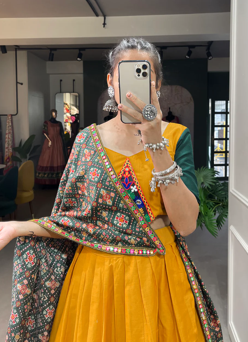 Gamthi Work Pure Cotton Mustard Yellow Lehenga Choli