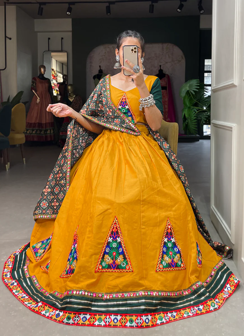 Gamthi Work Pure Cotton Mustard Yellow Lehenga Choli