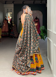 Gamthi Work Pure Cotton Mustard Yellow Lehenga Choli