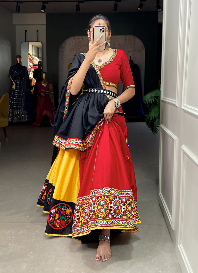 Gamthi Work Pure Cotton Yellow And Red Lehenga Choli