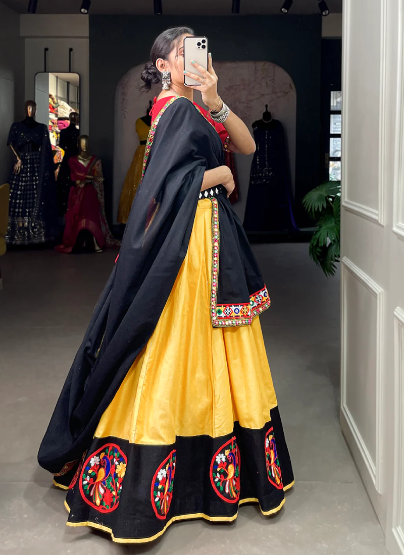 Gamthi Work Pure Cotton Yellow And Red Lehenga Choli