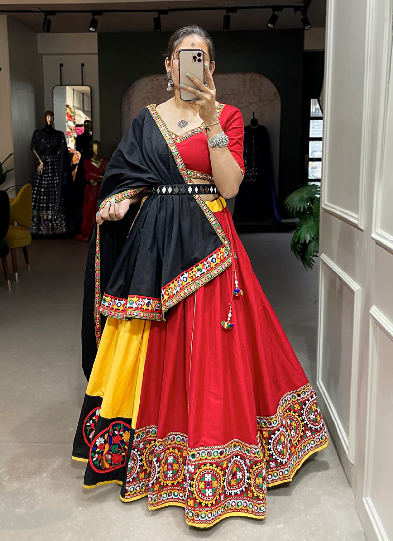 Gamthi Work Pure Cotton Yellow And Red Lehenga Choli