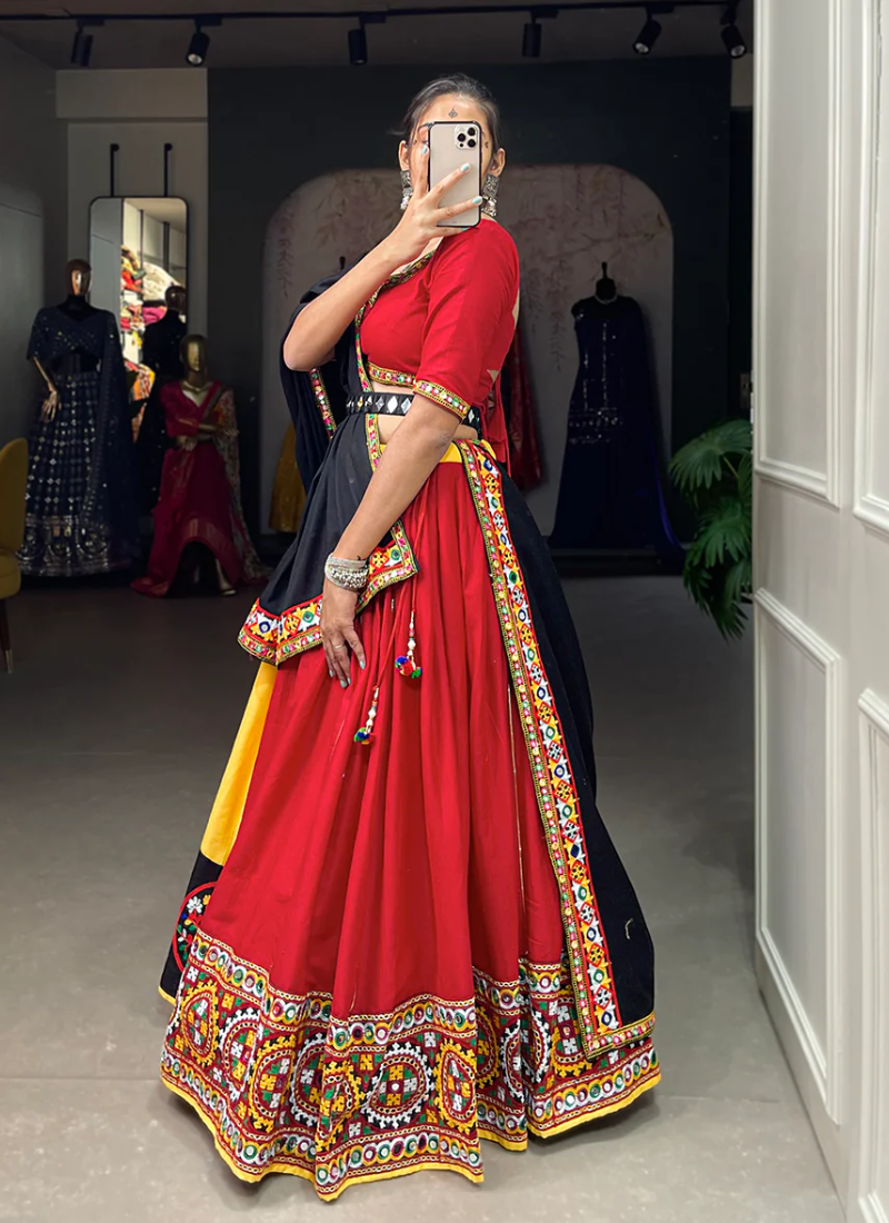 Gamthi Work Pure Cotton Yellow And Red Lehenga Choli