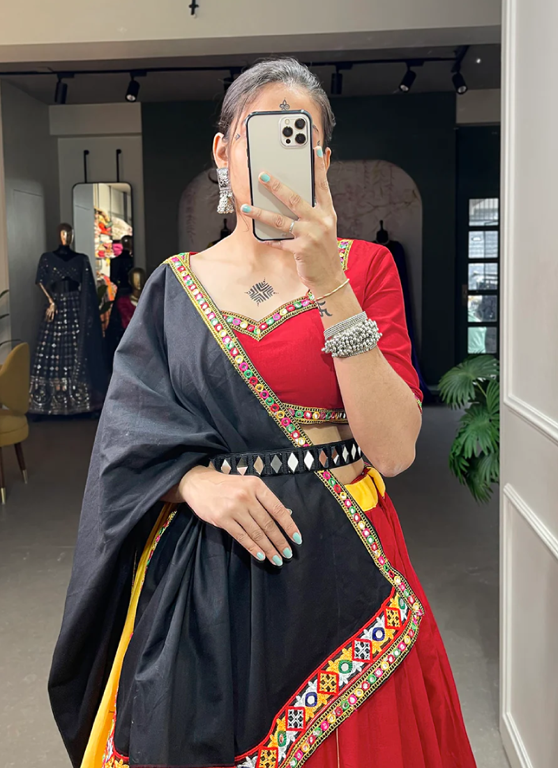 Gamthi Work Pure Cotton Yellow And Red Lehenga Choli