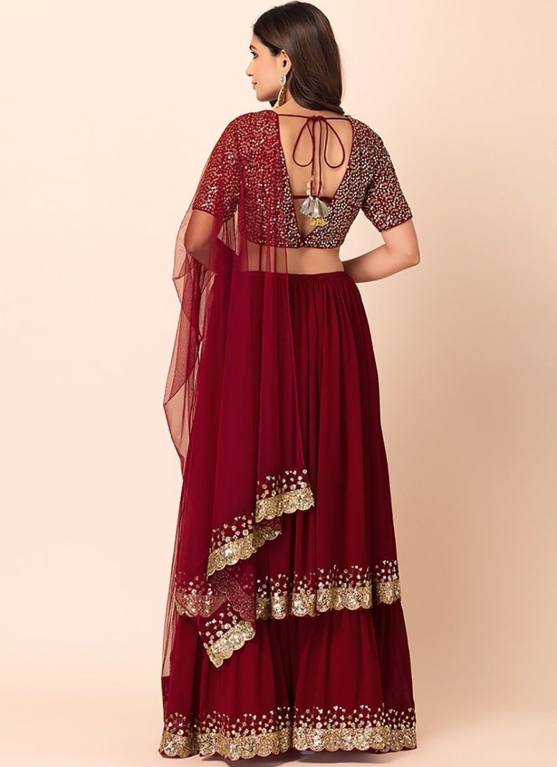 Georgette Embroidery Work Maroon Lehenga Choli For Wedding